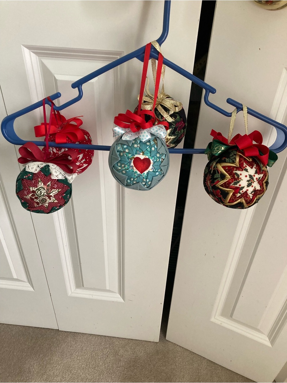 Handmade Holiday Quilted Ornament Set - Red, Green, Teal, Gold Lot of 5